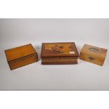 A C19th satinwood and ebony inlaid jewellery box, 25 x 17 x 9cm, a jewellery box and a marquetry