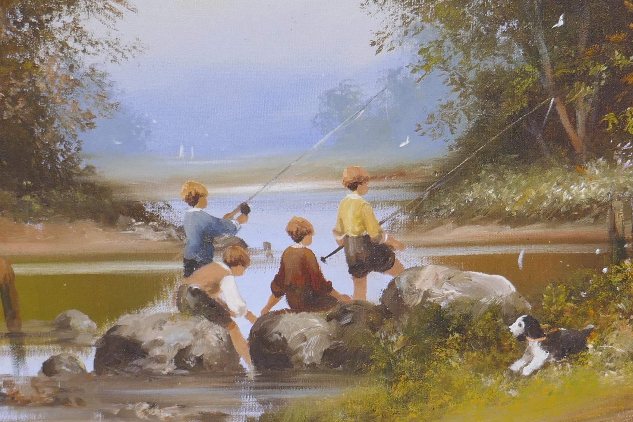 Les Parsons, river scene with children fishing, signed, oil on canvas, 76cm x 50cm - Image 2 of 5