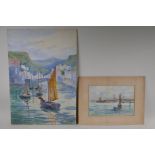 West Country fishing village, signed Emily M. Julian 1902, and view of boats in a harbour,