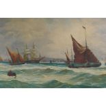 Shipping off the English coast, bears inscription verso, C19th oil on canvas, 76cm x 46cm