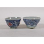 A Chinese blue and white ceramic tea bowl, 7cm diameter, and another with inscription