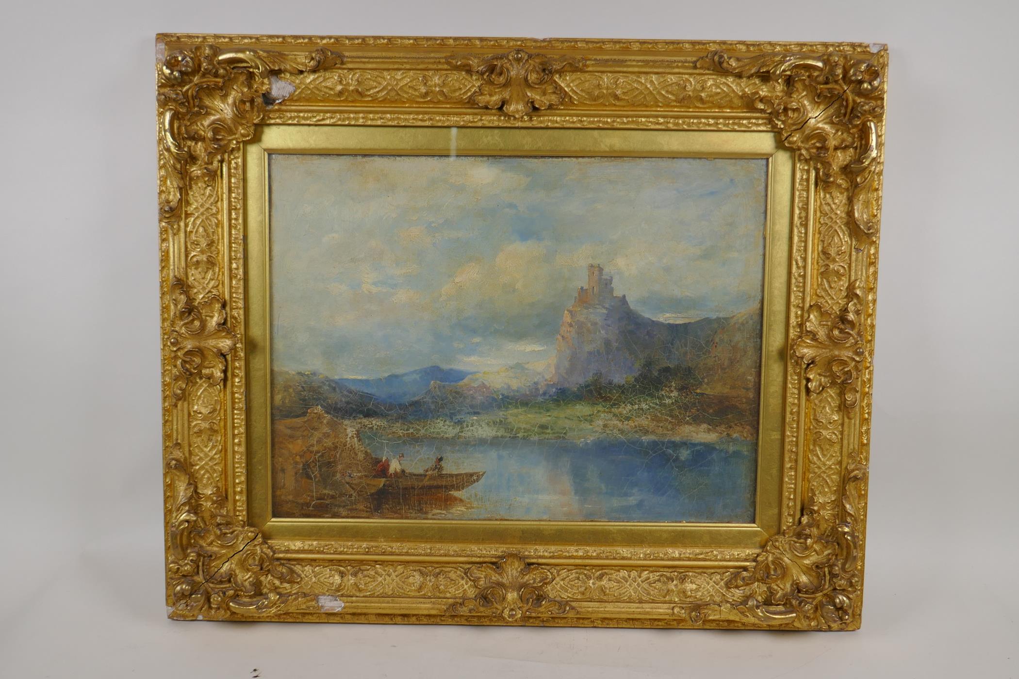 Samuel Poole, figures crossing a loch with distant castle, C19th oil on canvas, relined, 16" x 12" - Image 4 of 7