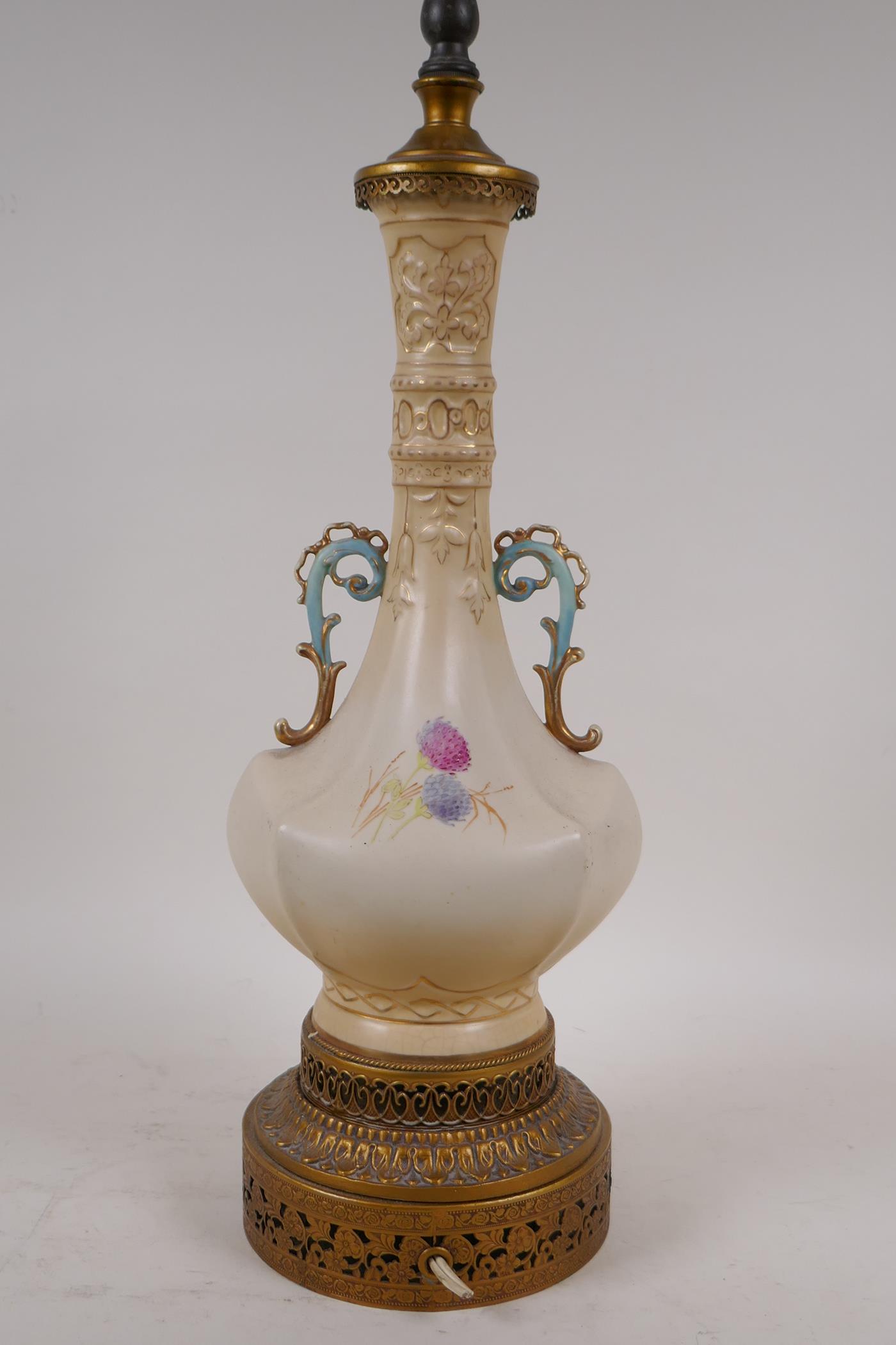 A C19th Worcester style two handled vase, converted to a lamp, with pierced brass base and mounts, - Image 4 of 5