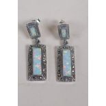 A 925 silver Art Deco style drop earrings set with opalite panels encircled by marcasite, 3cm drop
