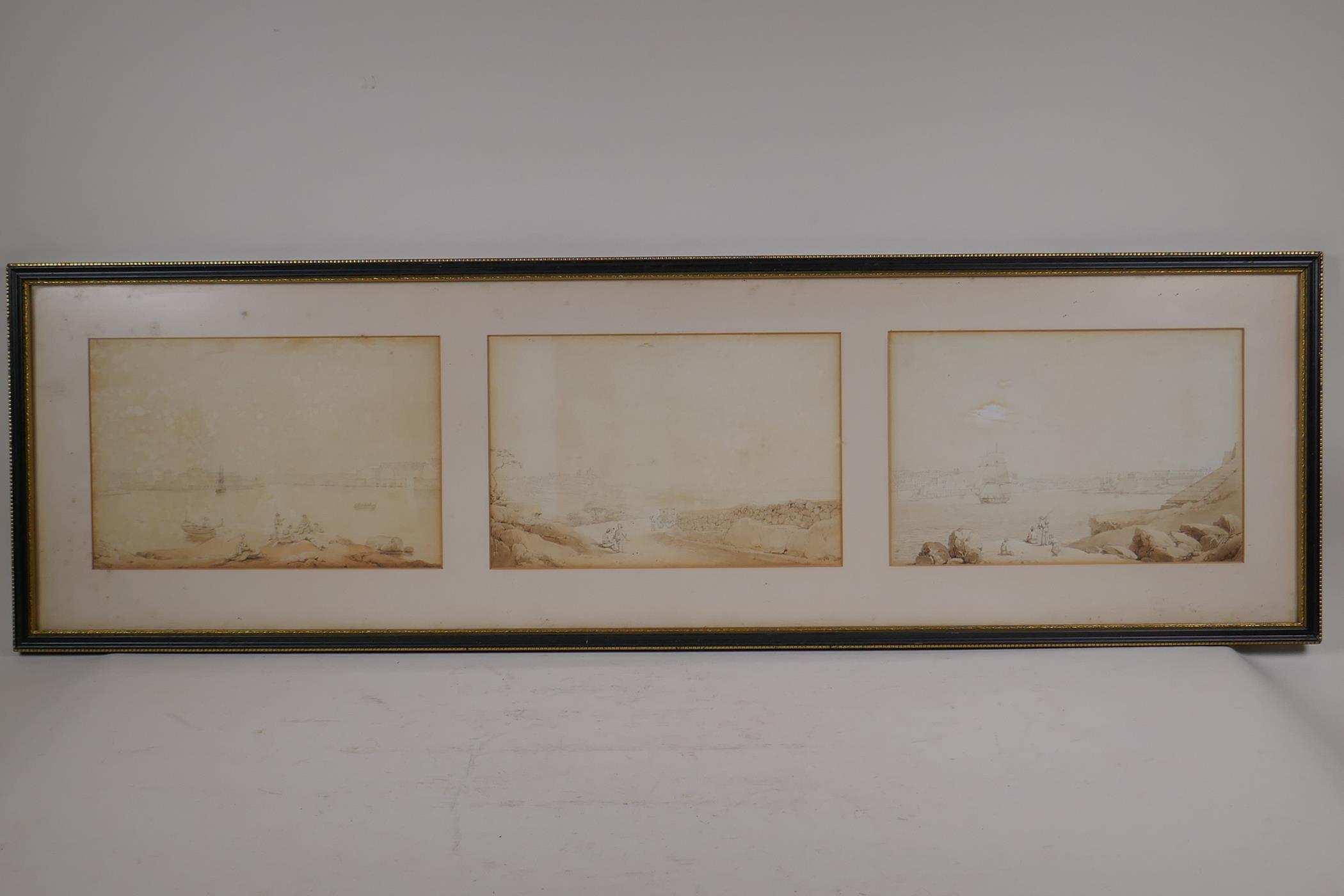 A C19th triptych, views of Valetta and the harbour, pencil and wash, unsigned, each 26 x 17cm