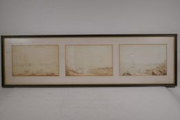 A C19th triptych, views of Valetta and the harbour, pencil and wash, unsigned, each 26 x 17cm