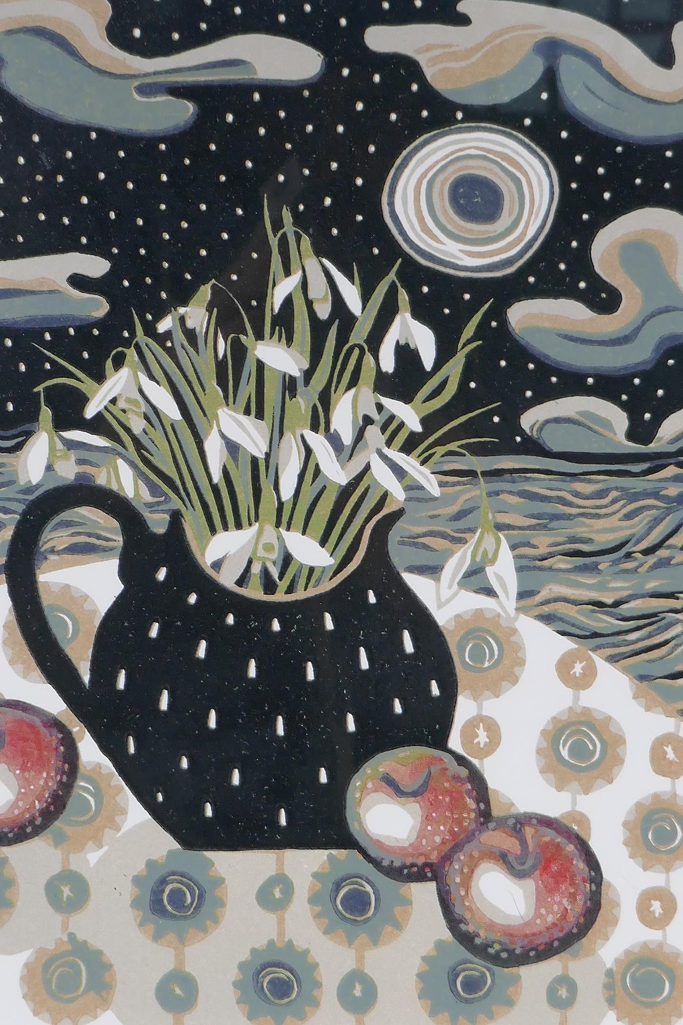 Jane Walker, Scottish, Snow & Apples, limited edition lino cut still life print, 4/16, pencil signed