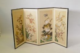 A Chinese wood frame four fold screen with block printed floral panels, each 90 x 41cm