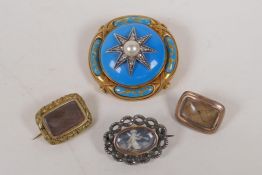 An antique yellow and white metal brooch with enamel decoration of a cherub and set with
