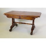 William IV mahogany centre table, raised on end supports with scroll feet, 130 x 70 x 70cm