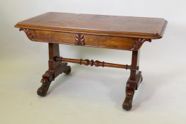 William IV mahogany centre table, raised on end supports with scroll feet, 130 x 70 x 70cm