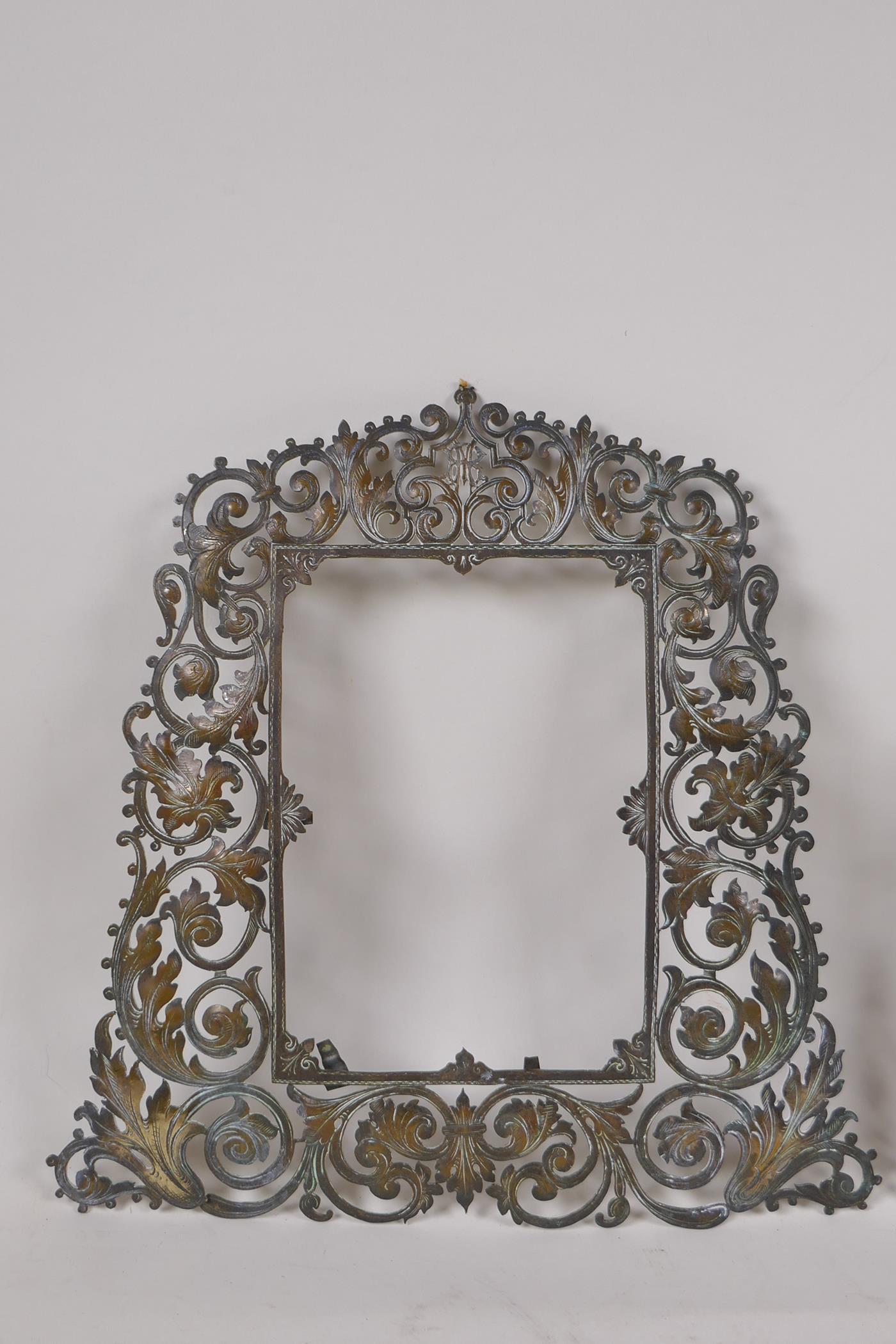 A pair of antique brass frames with pierced scrolling decoration, 23 x 23cm, rebate 10 x 14cm - Image 2 of 5