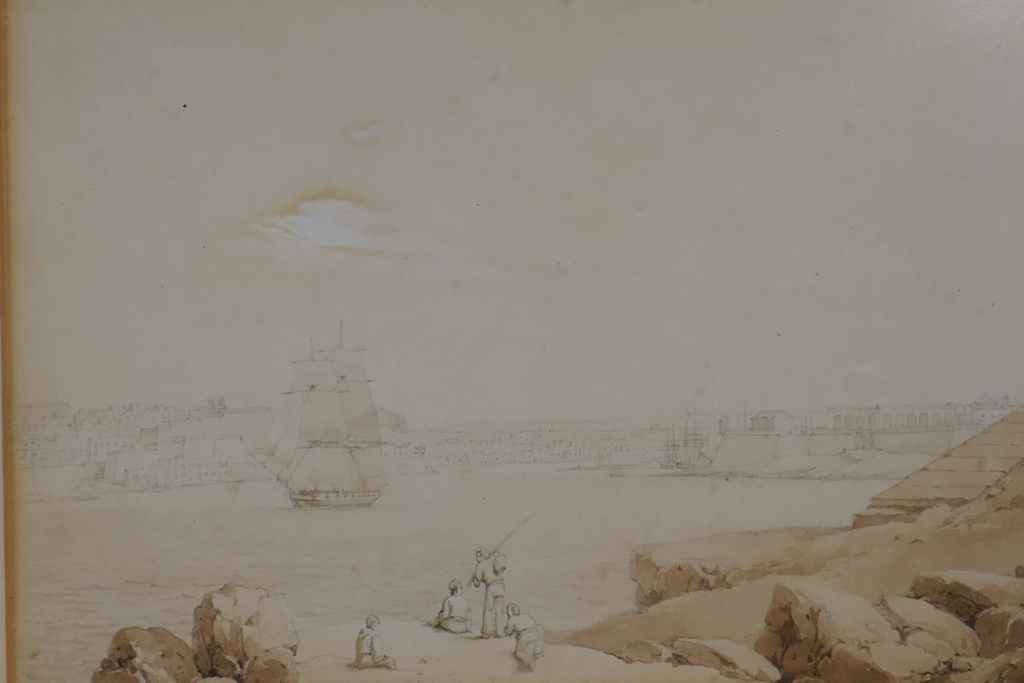A C19th triptych, views of Valetta and the harbour, pencil and wash, unsigned, each 26 x 17cm - Image 4 of 4