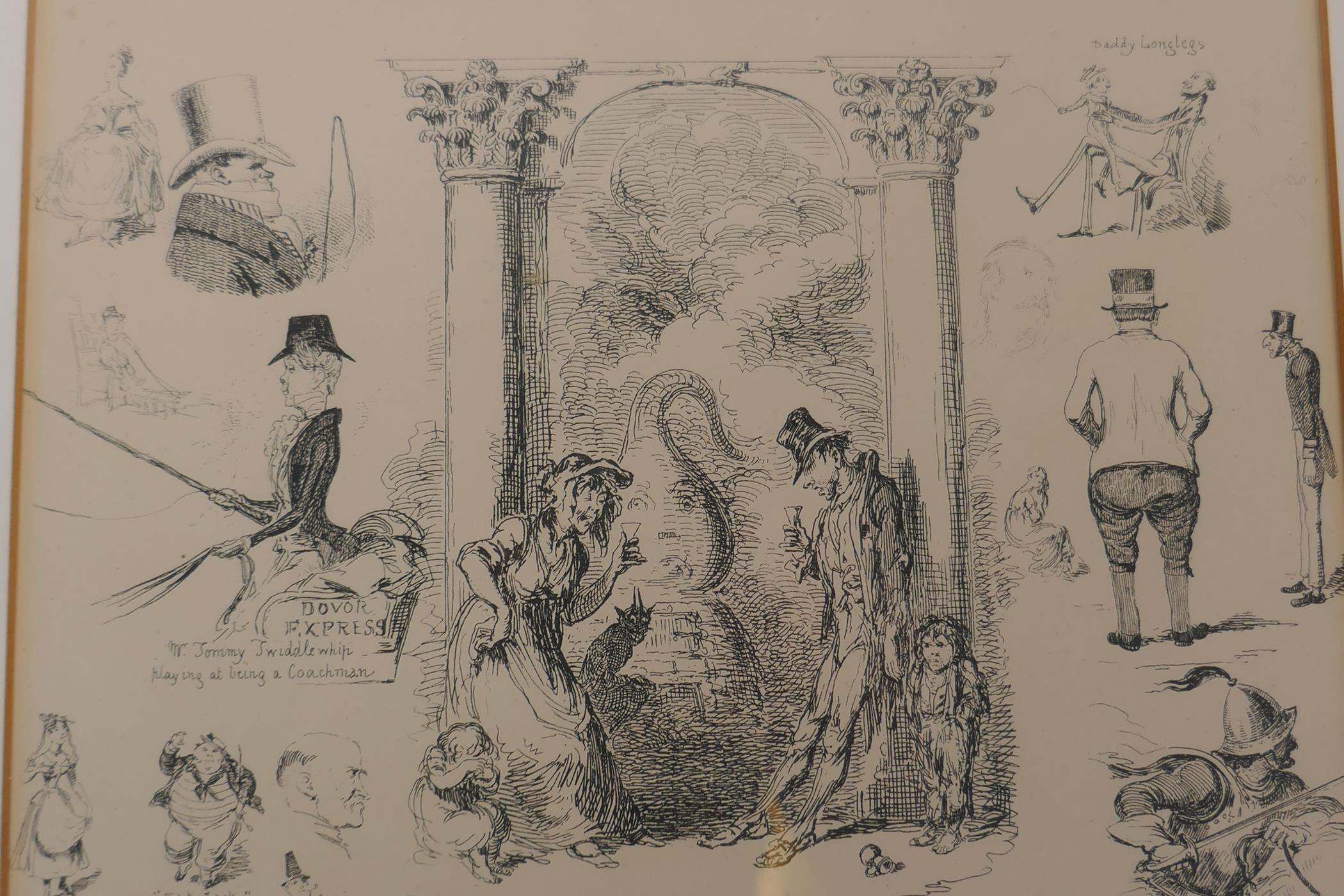A humorous black and white cartoon, 'Pillars of the Gin Shop' after George Cruikshank, 9½" x 7½", - Image 4 of 5