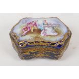 A French Sevres porcelain cushion shaped trinket box hand painted with a romantic couple and lake