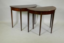 A pair of C19th mahogany demi lune table ends, raised on square tapering supports, 88 x 45 x 72cm