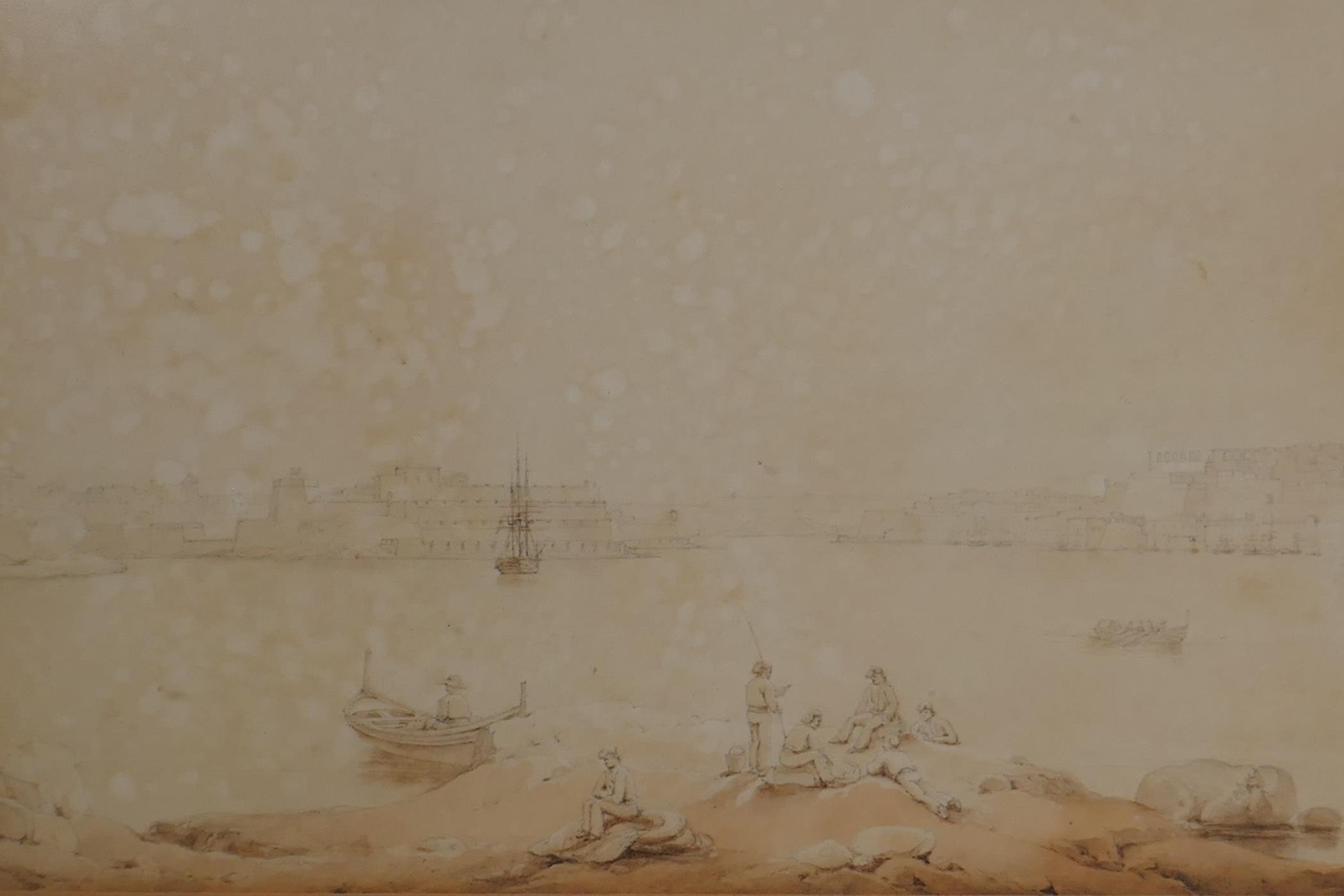 A C19th triptych, views of Valetta and the harbour, pencil and wash, unsigned, each 26 x 17cm - Image 2 of 4