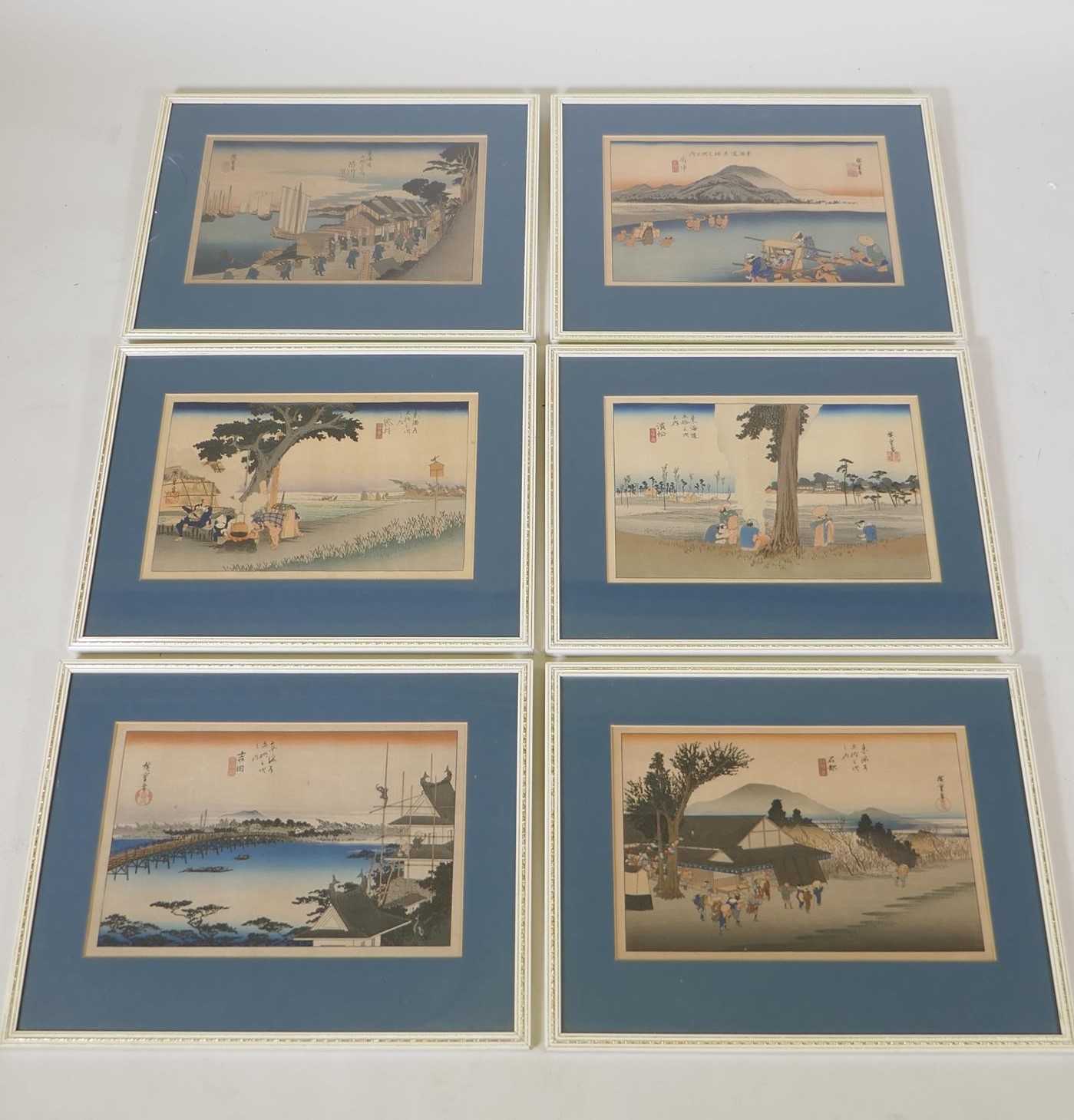 After Utagawa Hiroshiga, six Ukiyo-e wood block prints from 'The Fifty-three Stations of the