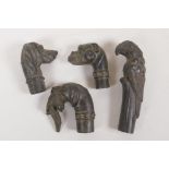 Four bronze walking stick handles in the form of dogs and a parrot, 5"