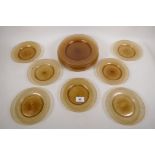 A vintage gold speckled glass dessert service of seven larger and seven small plates, larger 21cm