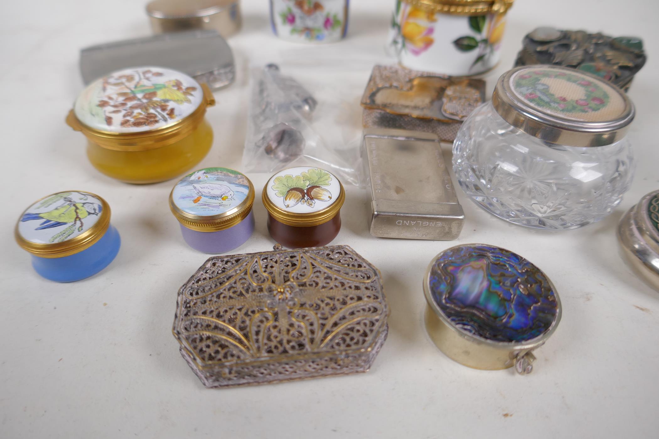 A collection of trinket, pill and match boxes including ceramic, glass and metal, and a small silver - Image 2 of 5