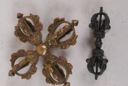 A bronze vajra, 11cm long, and a bronze/brass double vajra, 15cm
