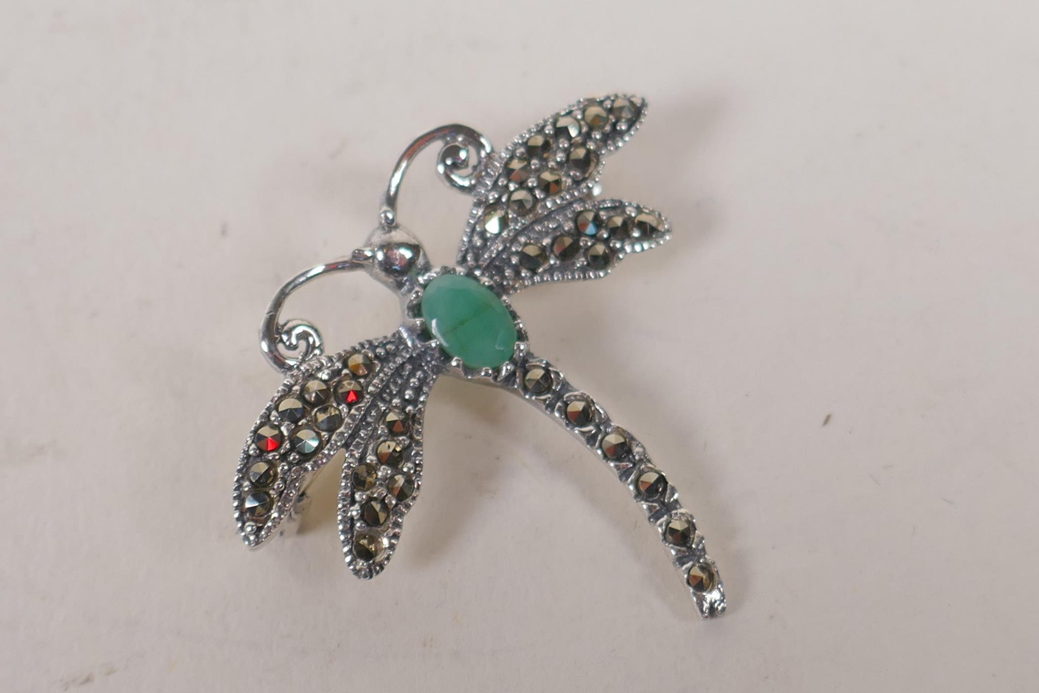 A 925 silver and marcasite set dragonfly brooch, 3cm wide