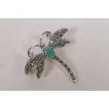 A 925 silver and marcasite set dragonfly brooch, 3cm wide