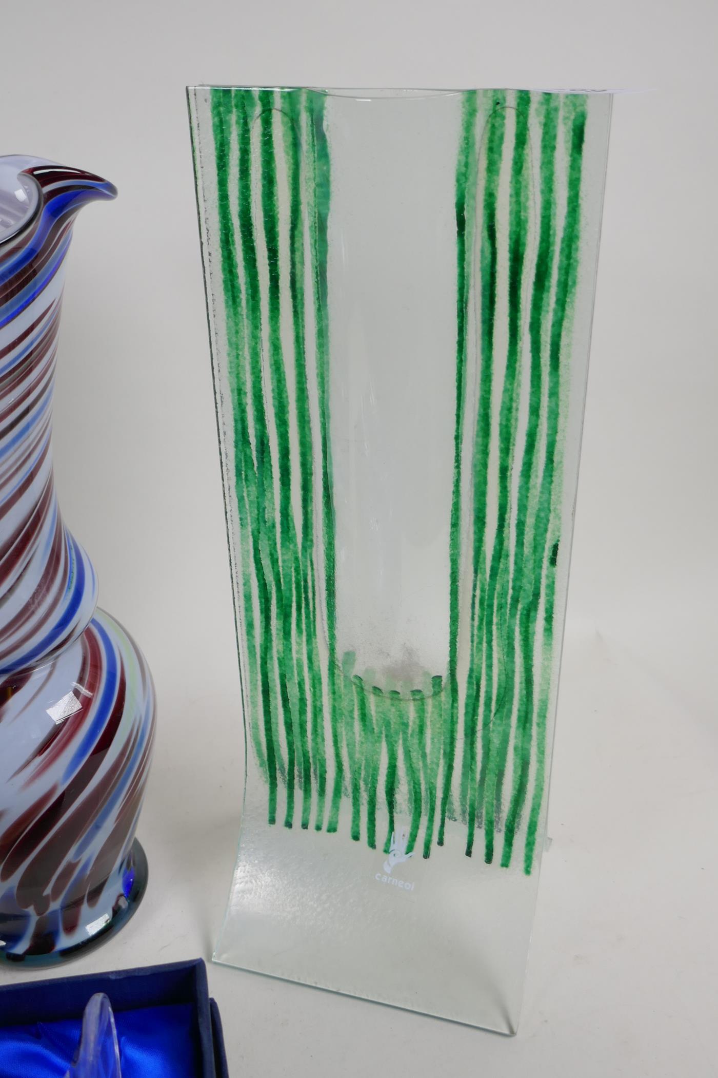A studio glass specimen vase, 35cm high, a pair of swirled glass vases, an enamelled glass vase - Image 2 of 5
