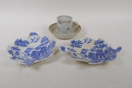 A pair of C19th English pearlware blue and white transfer leaf shaped pickle dishes and a C19th