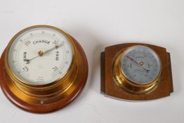 A marine brass cased bulkhead barometer, 38cm diameter, on mahogany mount, glass AF, and a similar