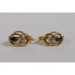 A pair of 14ct yellow gold and sapphire earrings, unmarked