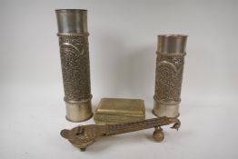 Anglo Indian decorative metalwares, two cylindrical containers, cigarette box and a decorative