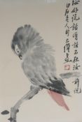 A Chinese picture on silk of a parrot with calligraphy and seal mark, 35 x 50cm