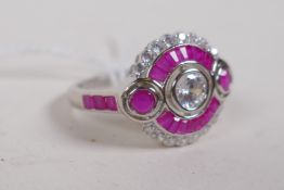 A sterling silver, cubic zirconia and rubilite set dress ring, size O