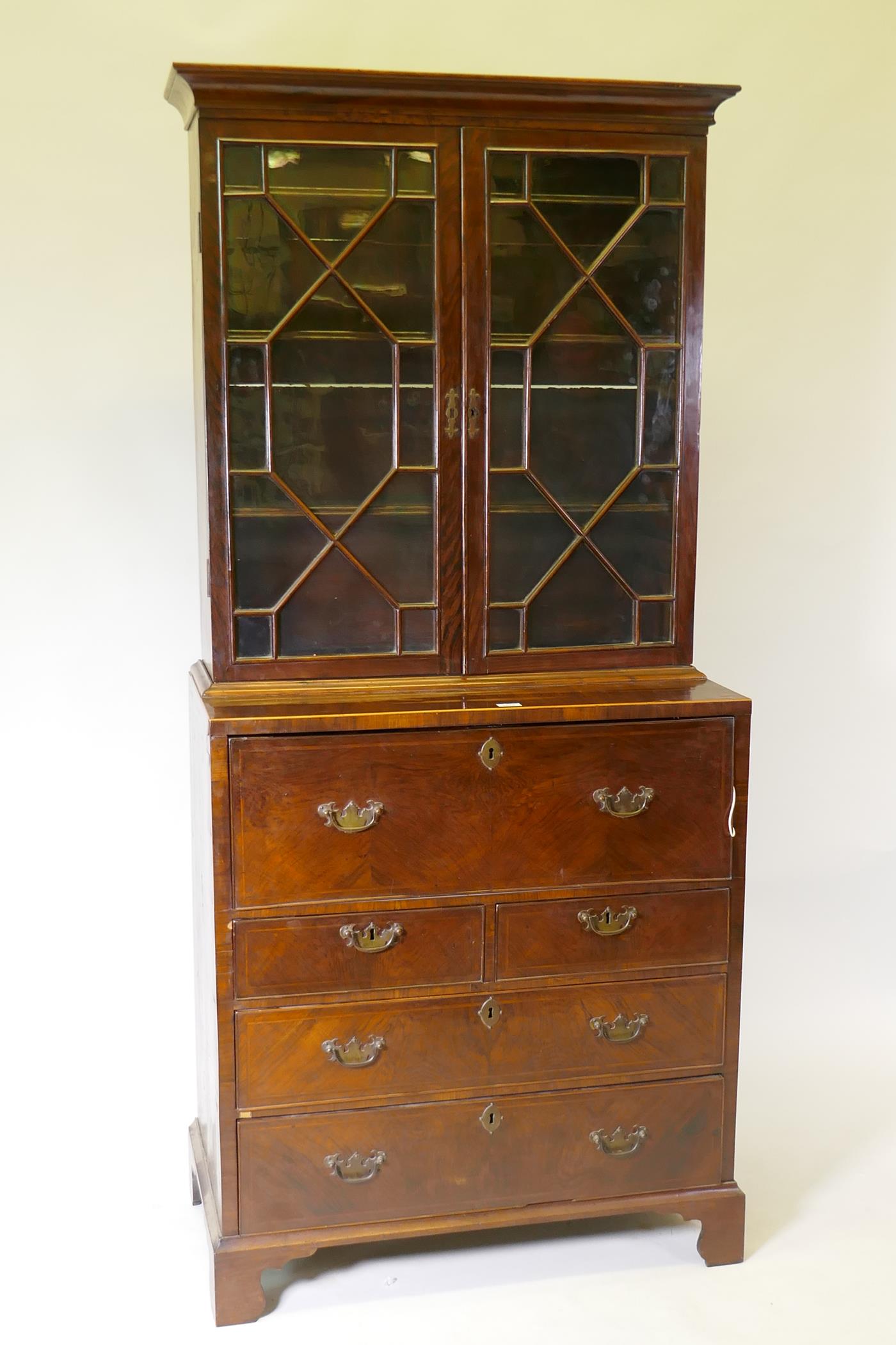 A C19th figured walnut secretaire bookcase, the astragal glazed upper section with adjustable - Image 2 of 7