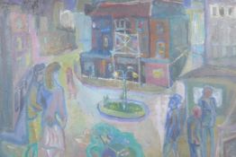 Figures in a street, mid C20th naive style, oil on canvas, 61cm x 24cm