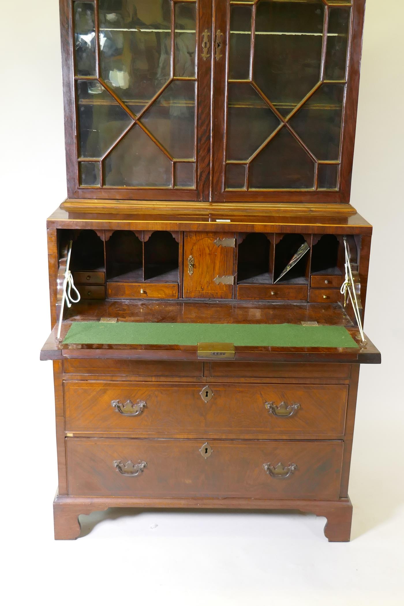 A C19th figured walnut secretaire bookcase, the astragal glazed upper section with adjustable - Image 3 of 7