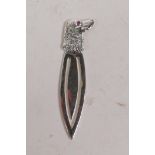 A sterling silver bookmark with a dog's head finial, 5cm long