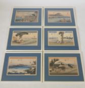 After Utagawa Hiroshige, six Ukiyo-e wood block prints from 'The Fifty-three Stations of the
