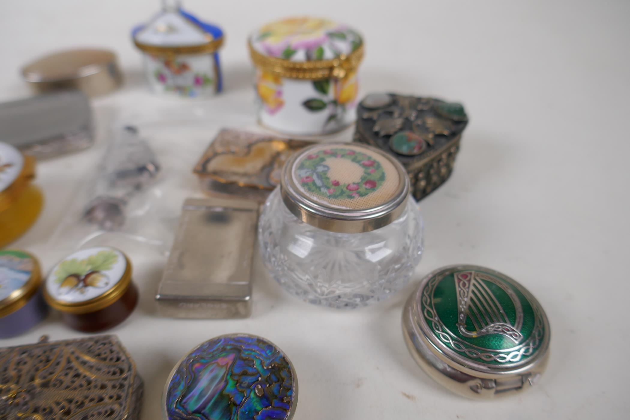A collection of trinket, pill and match boxes including ceramic, glass and metal, and a small silver - Image 3 of 5