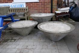 Three mid century conical concrete garden planters with bark effect exterior, 35" diameter