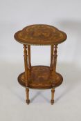 A continental two tier marquetry inlaid rosewood occasional table with shaped top and undertier,