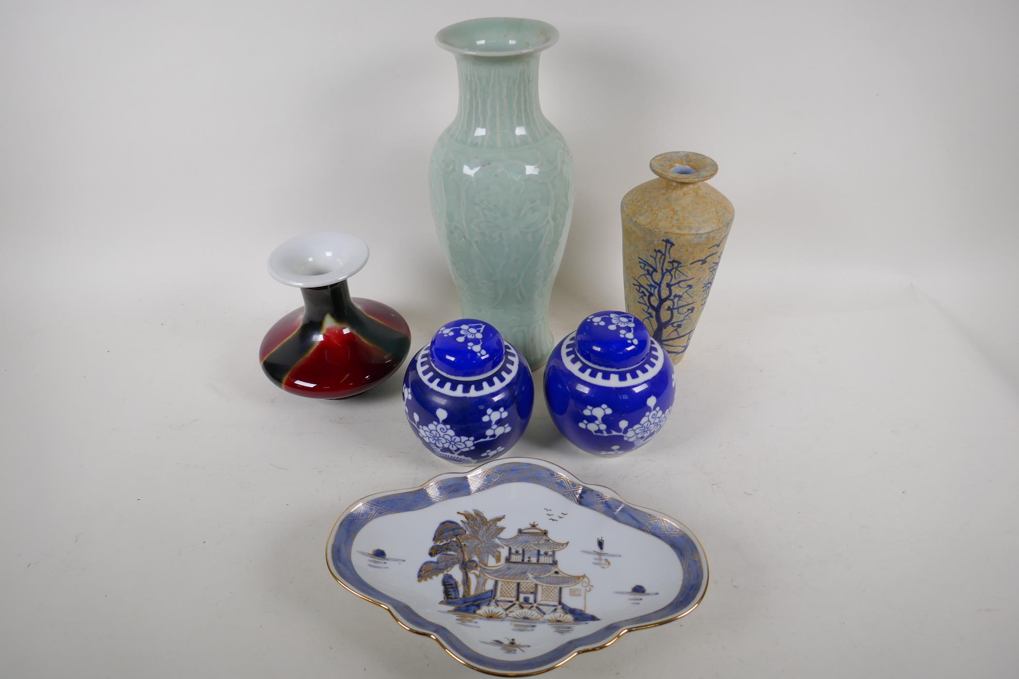A Chinese celadon glazed porcelain vase, 31cm high, a stoneware vase, a pair of hawthorne pattern