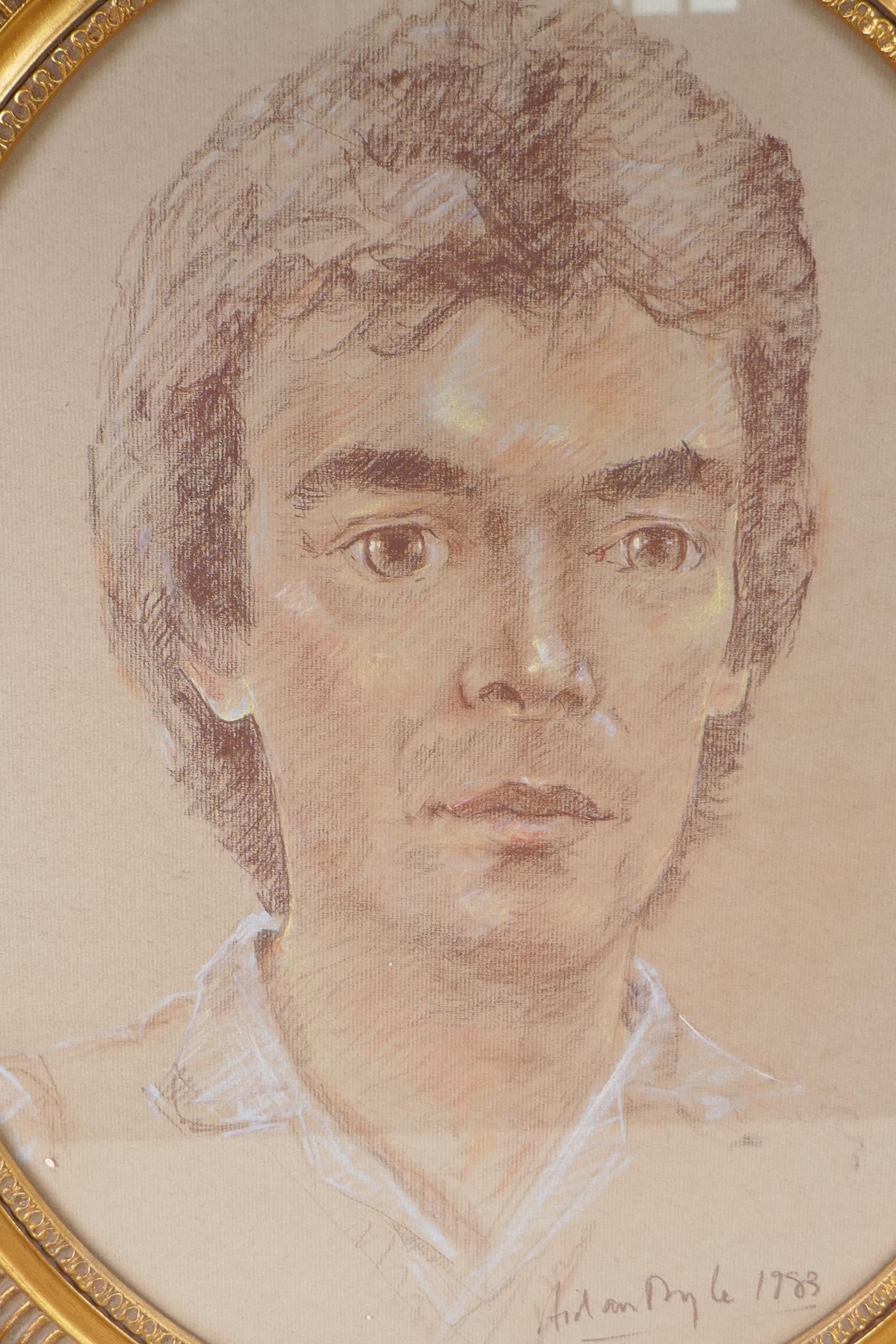 Portrait of a young man, signed Doyle, dated 1983, in a good gilt frame, pastel, 39cm x 48cm - Image 2 of 4