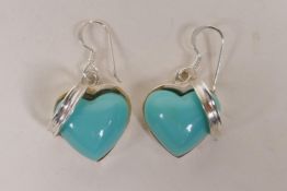 A pair of 925 silver and turquoise enamel heart shaped earrings