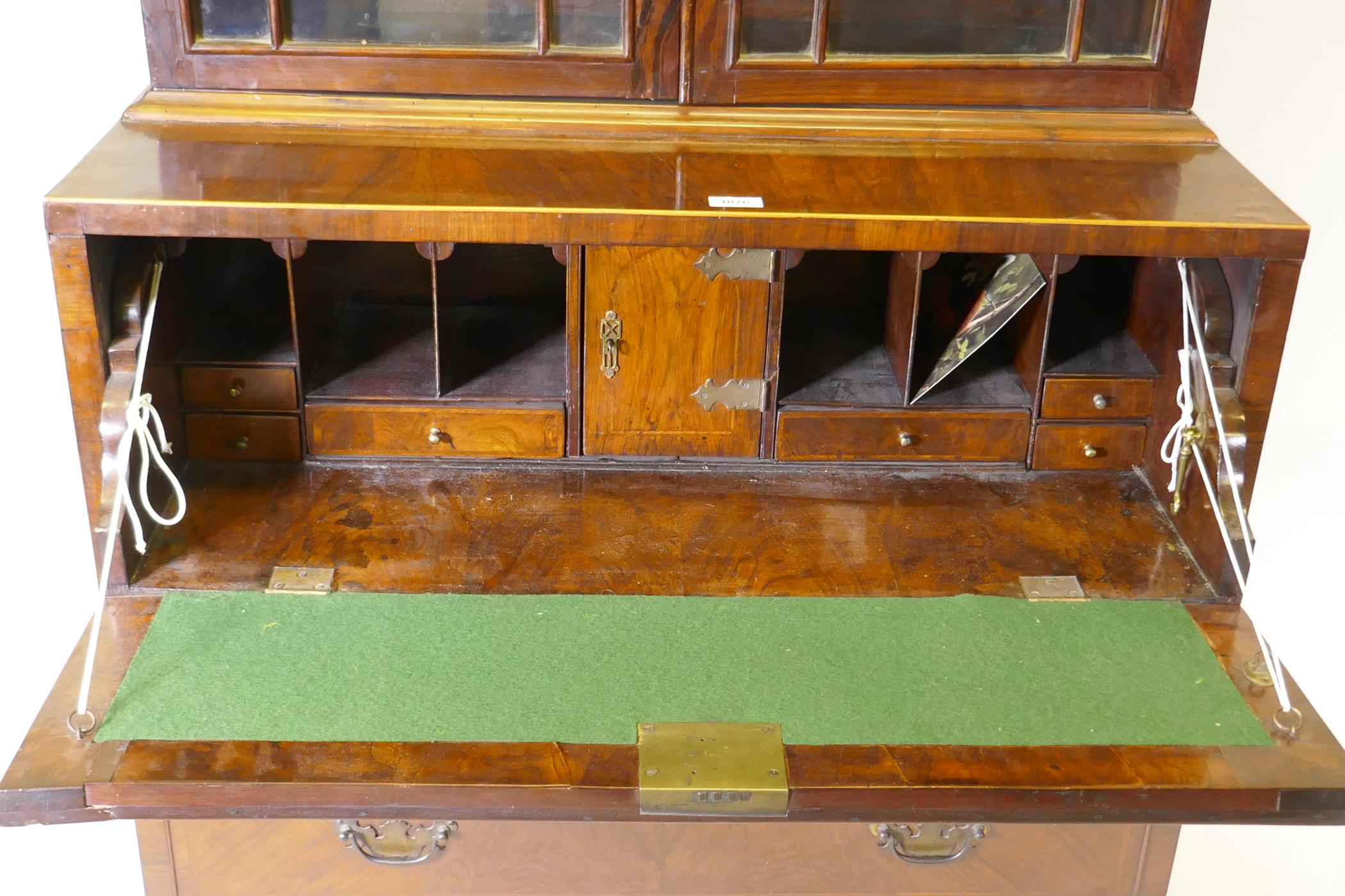 A C19th figured walnut secretaire bookcase, the astragal glazed upper section with adjustable - Image 4 of 7