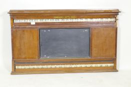 A Victorian mahogany snooker scoreboard by Burroughs and Watts, AF sliders removed, 112cm x 65cm