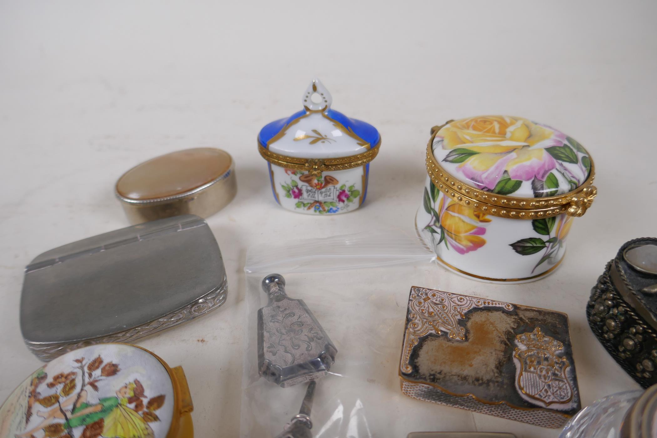 A collection of trinket, pill and match boxes including ceramic, glass and metal, and a small silver - Image 4 of 5