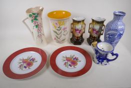 A pair of Royal Worcester 'Evesham' plates, 26cm diameter, and a Maling Art Deco vase, a pair of